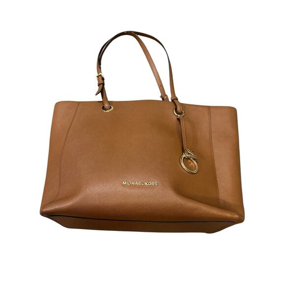 Michael Kors MK Walsh Camel Brown Saffiano Leather Tote Large Shoulder Bag Used - Picture 1 of 14
